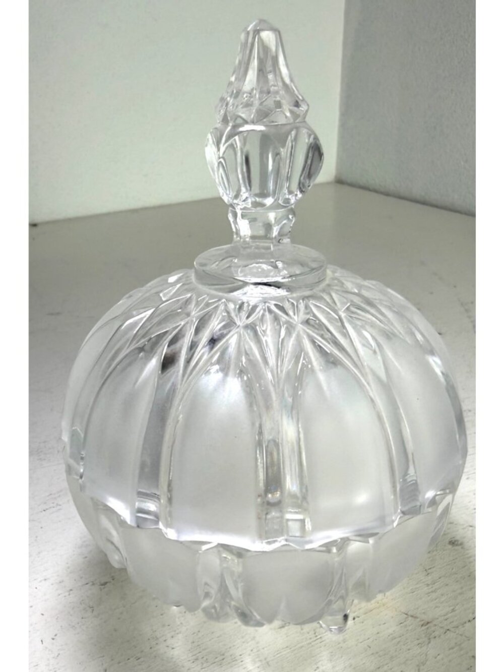 Vintage Frosted & Clear Glass Covered Candy Dish Ornate Lid Pedestal Base